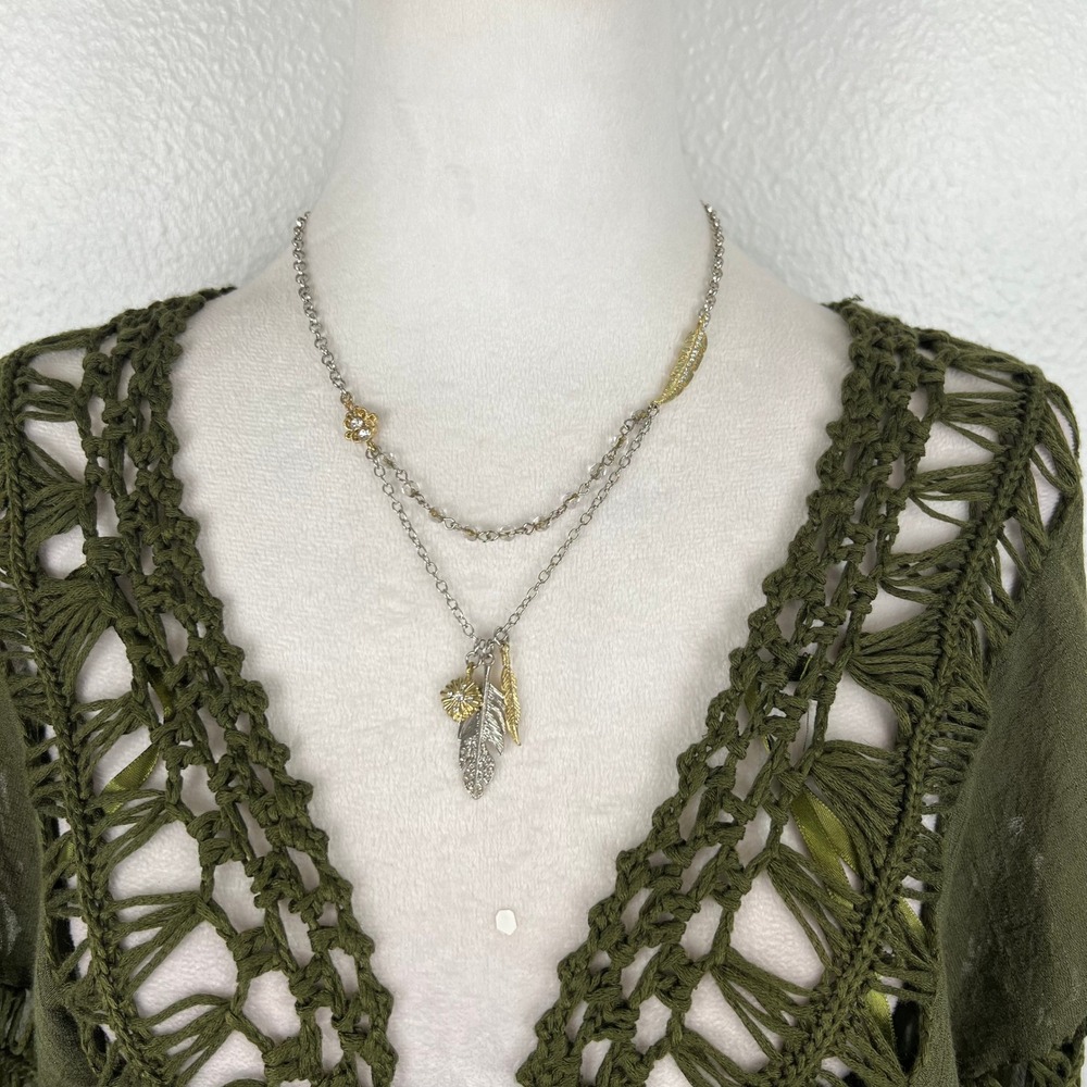 Boho Layered Feather Charm Necklace Silver Gold Tone Rhinestone Whimsigoth Fairy